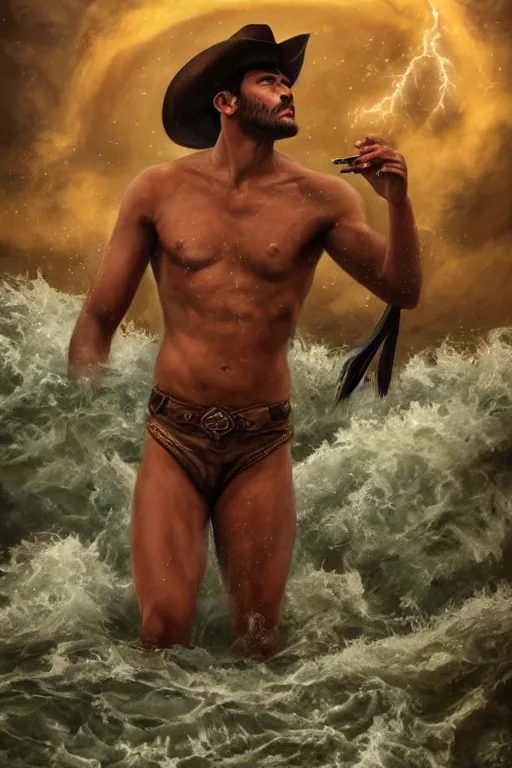 Prompt: a dramatic, epic, ethereal tarot painting of a handsome brown shirtless cowboy | background is a torrential flooding river | tarot!! card, art deco, art nouveau | by Mark Maggiori | trending on artstation