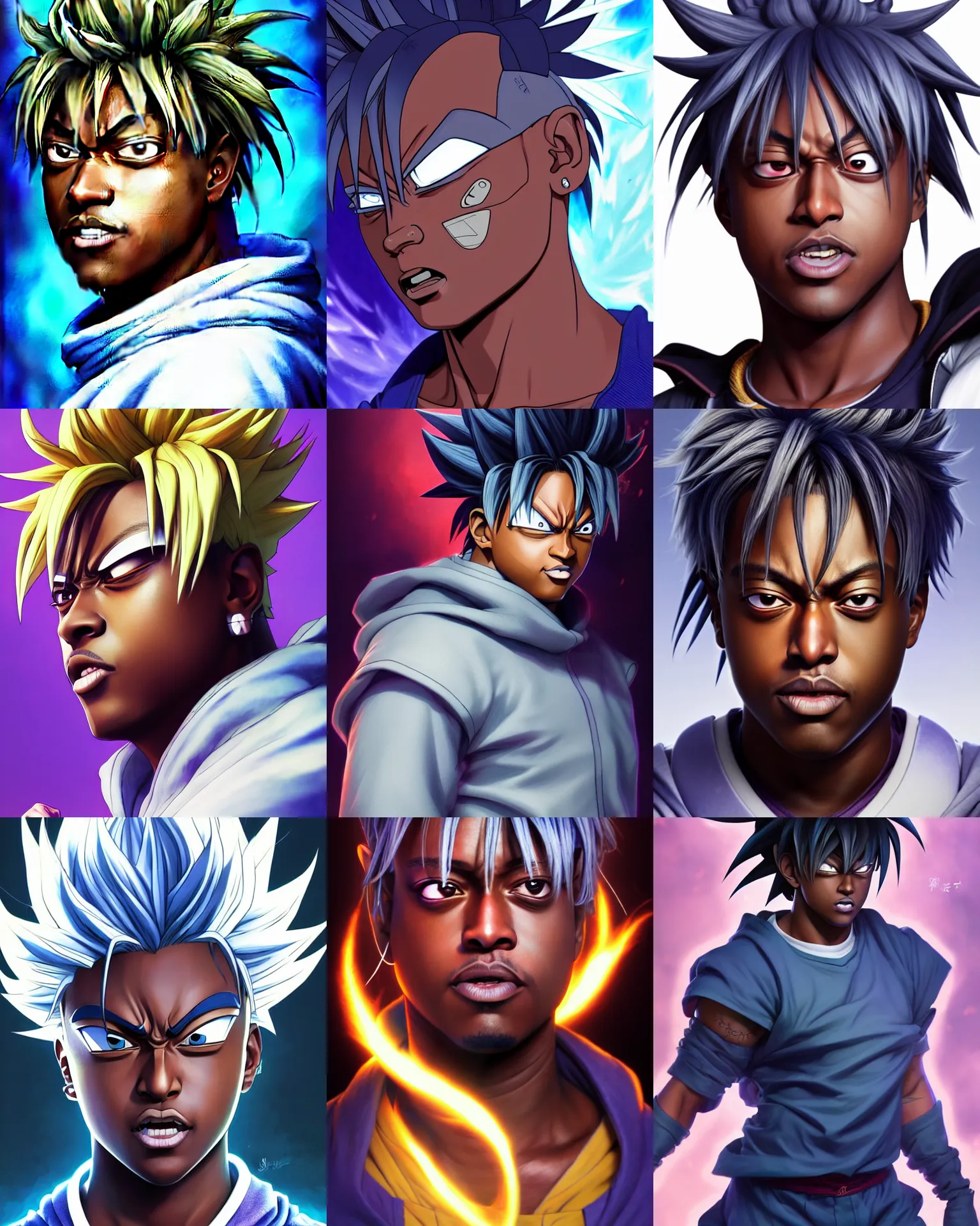 Prompt: character concept art of juice wrld as a saiyajin | | distinct - fine, key visual, realistic shaded perfect face, fine details by stanley artgerm lau, wlop, rossdraws, james jean, andrei riabovitchev, marc simonetti, sakimichan, and jakub rebelka, trending on artstation