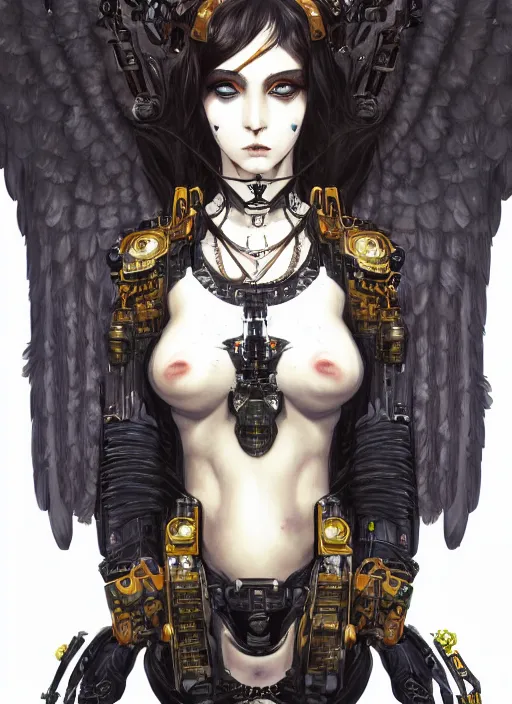 Prompt: portrait of cute beautiful young goth angel cyborg maiden, cyberpunk, Warhammer 40000, gothic, highly detailed, artstation, illustration, art by Gustav Klimt and Range Murata