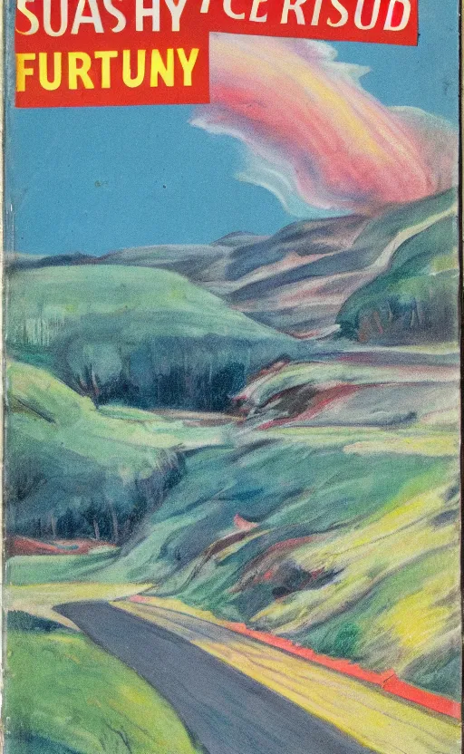 Image similar to paperback book cover. 1 9 5 0 s. pure colors, melting clouds, accurately drawn details, a sunburst above a receding road with the light reflected in furrows and ruts, after rain. and no girls.