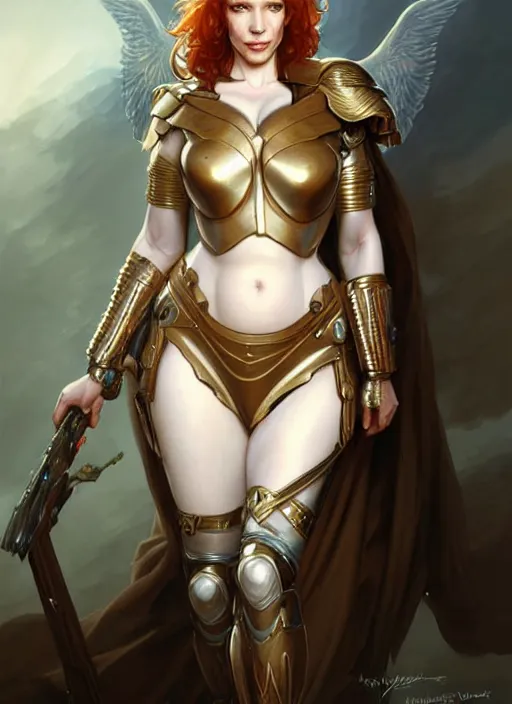 Image similar to valkyrie christina hendricks, beautiful face, highly detailed face!!!, anatomical armour, true anatomy!, extremely detailed!, digital painting, unreal engine 5, art by artgerm and greg rutkowski and alphonse mucha