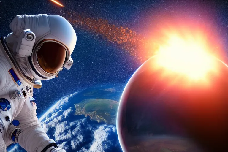 Image similar to astronaut in space wearing a spacesuit floating, meteor hitting earth in background, highly detailed, photorealistic portrait, bright studio setting, studio lighting, crisp quality and light reflections, unreal engine 5 quality render