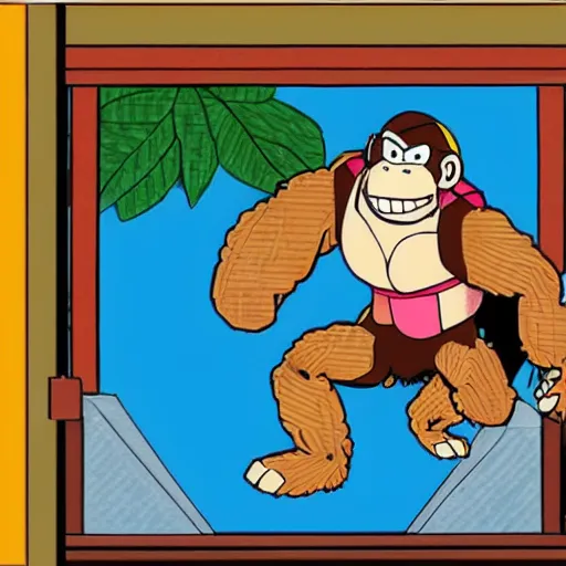 Prompt: Donkey Kong fighting with a robot, in the style of studio ghibli