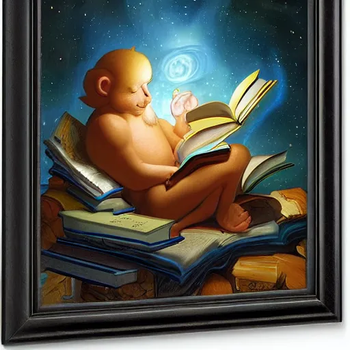 Image similar to A cosmic being reading books containing knowledge of the universe by Justin Gerard