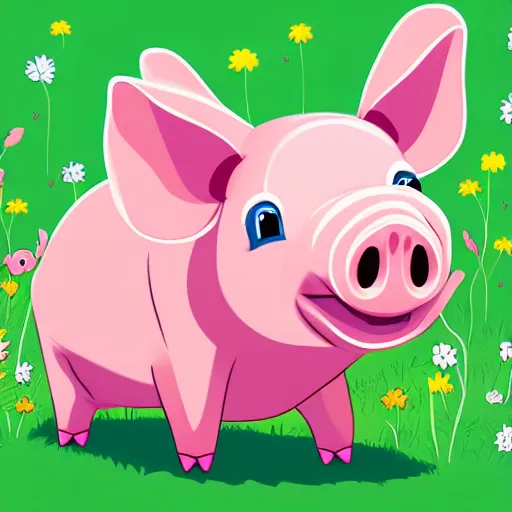 Prompt: cute cheerful pig with his two ears and his trunk in a meadow, colouring - in sheet, concept design, character art, sharp focus, highly detailed, artstation