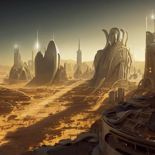 Image similar to a futuristic desert city, beautiful dynamic lighting, cinematic, wide angle establishing shot, extremely high detail, photo realistic, cinematic lighting, post processed, concept art, artstation, matte painting, style by eddie mendoza, raphael lacoste, alex ross, volumetric lighting, light rays, photorealistic, ultrarealistic, moody, coronarender, 8k