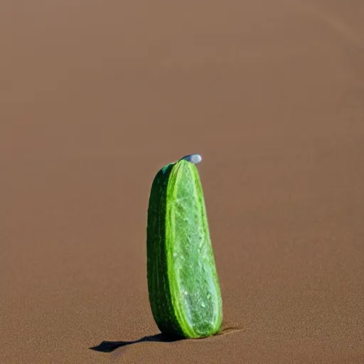 Prompt: a figure made of cucumber holding a golf club, dunes in the background