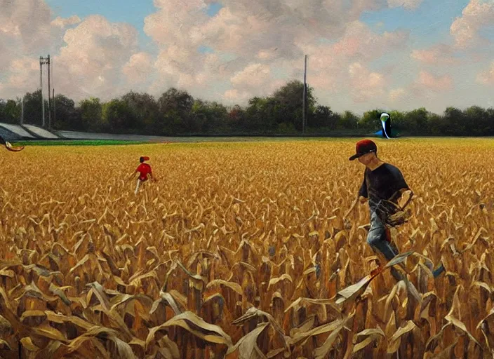 Image similar to a baseball game in a field of corn, oil painting by jama jurabaev, extremely detailed, brush hard, artstation, for aaa game, high quality, brush stroke