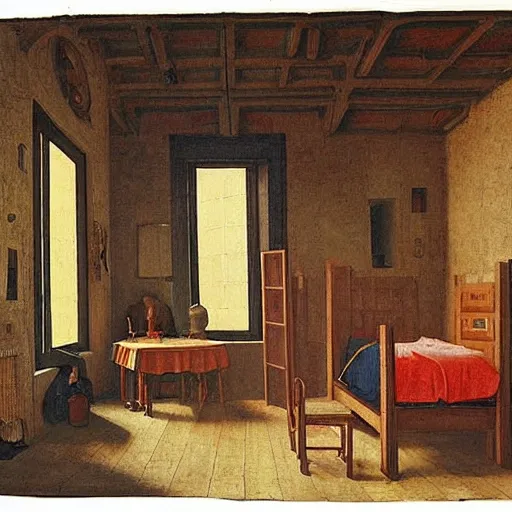 Prompt: very detailed interior of a building, bedroom of an artist in the style of Hugo van der Goes (1440–1483), Flemish painter