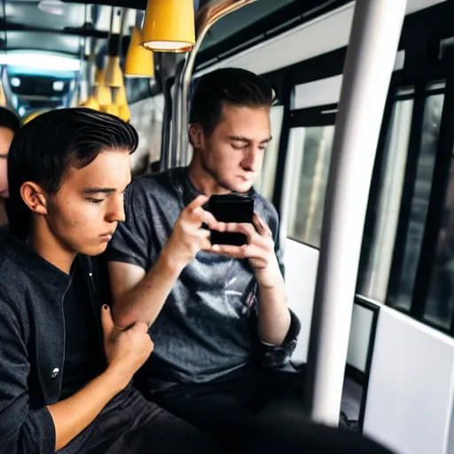 Prompt: a tired young university student in a black shirt with slick hair and round face is riding in a crowded bus. student is holding a bottle of dark beer and is looking at his smartphone. professional photo, 4 k, bokeh, 5 0 mm