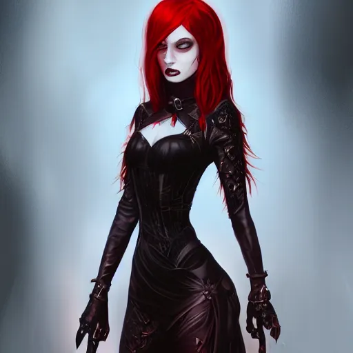 Image similar to a woman wearing a gothic outfit, red hair, highly detailed, digital painting, artstation, concept art, smooth, sharp focus, illustration