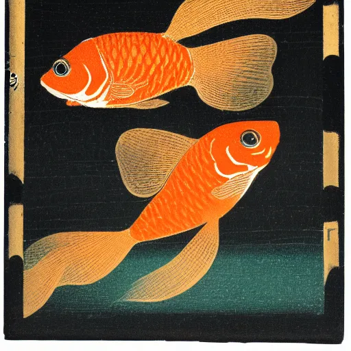 Prompt: painting of two goldfish with white spots in a glass bowl on a dark wooden end table, Japanese woodblock print, old, filigree