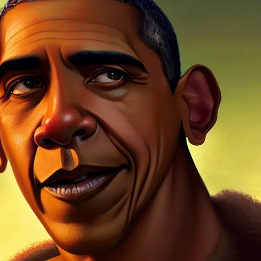 Image similar to barack obama as shrek, brown skin, highly detailed, digital painting, artstation, concept art, sharp focus, illustration, art by greg rutkowski and alphonse mucha