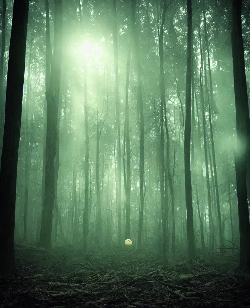 Image similar to “ dense dead forest with glowing orbs, person hovering ”