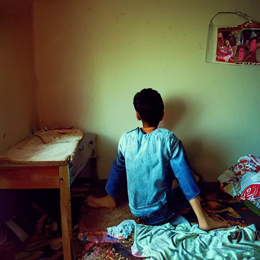 Prompt: masterpiece portrait of a photogenic cinegenic mexican teenager, chaotic teenage bedroom, bokeh, volumetric lighting, sunny day, heat haze, perfect framing, smoke, dramatic lighting, dust particles, interior shot, f2, anamorphic lens, great photographers, best photos of all times, 2004, by Annie Leibovitz, by Steve McCurry,