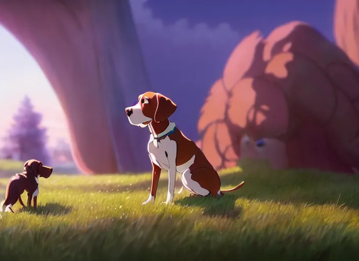 Prompt: a wholesome animation key shot of all brown pointer dog, studio ghibli, pixar and disney animation, sharp, rendered in unreal engine 5, anime key art by greg rutkowski, bloom, dramatic lighting