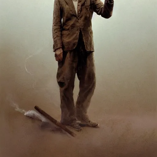 Prompt: a highly detailed epic cinematic concept art CG render digital painting artwork costume design: Henry Fonda as a 1950s tired disillusioned poet, barefoot, smoking a cigarette. volumetric lighting. By Greg Rutkowski, in the style of Francis Bacon and Syd Mead and Norman Rockwell and Beksinski, open ceiling, highly detailed hands and cigarette, painted by Francis Bacon and Edward Hopper, painted by James Gilleard, surrealism, airbrush, Ilya Kuvshinov, WLOP, Stanley Artgerm, very coherent, triadic color scheme, realistic facial expression, art by Takato Yamamoto and James Jean