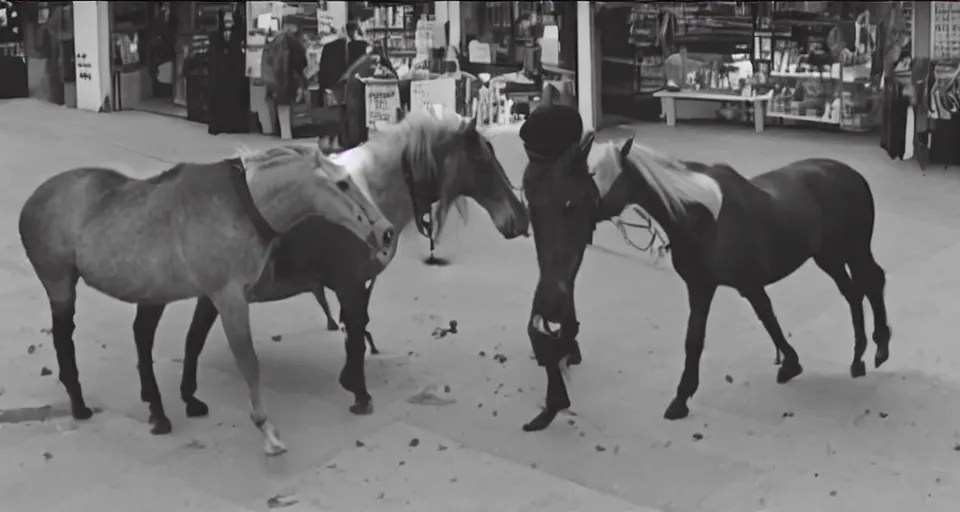 Prompt: cctv footage of a horse robbing a store