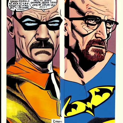 Image similar to comic book cover art featuring walter white as batman and jesse pinkman as robin