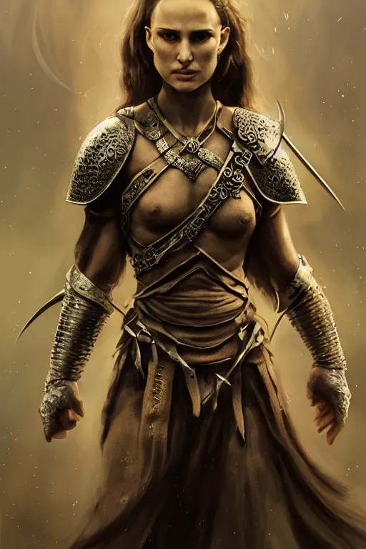 Image similar to natalie portman, legendary warrior, heroic, lord of the rings, tattoos, decorative ornaments, battle armor, by omar ortiz, valeri tsvetkov, carl spitzweg, ismail inceoglu, vdragan bibin, hans thoma, greg rutkowski, alexandros pyromallis, perfect face, fine details, realistic shading photorealism