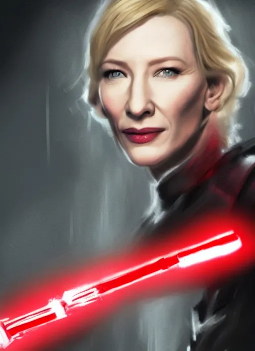 Prompt: Photo of cate blanchett with a red lightsaber, Star Wars concept art, trending on artstation, dramatic lighting, photo-realistic