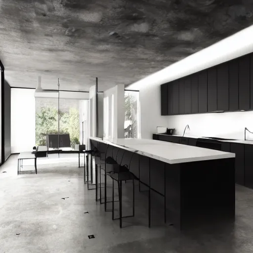 Image similar to brutalist house kitchen interior design ominous dark powerful giant open space high quality furniture octane render