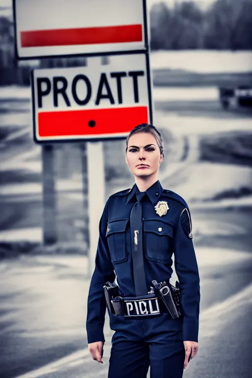 Prompt: photo portrait of beautiful female police officer from russia shyly showing the