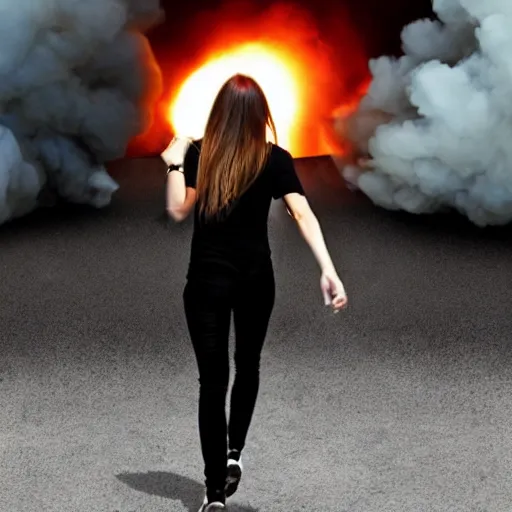 Image similar to Savage photo of a pretty! woman wearing black walking away from an explosion, majestic!!