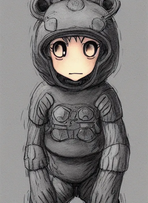 Image similar to beautiful little boy wearing an cyborg bear suit, artwork in kentaro miura and made in abyss and rosdraws, smooth, beautiful lightness, anatomically correct, trending on pixiv, forest