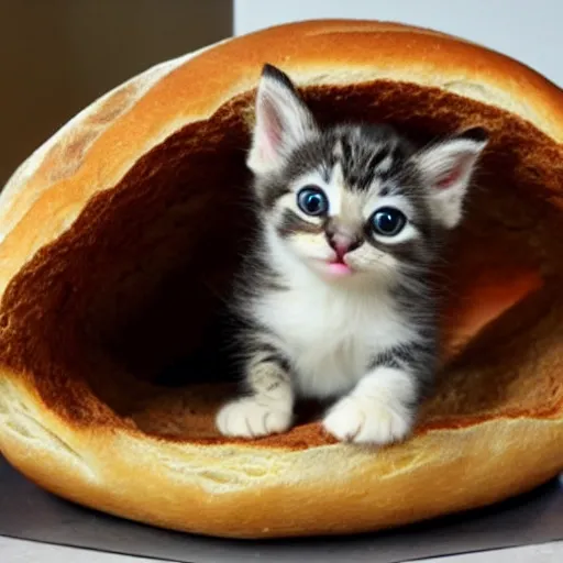 Image similar to kitten living inside a bread, hyper detailed