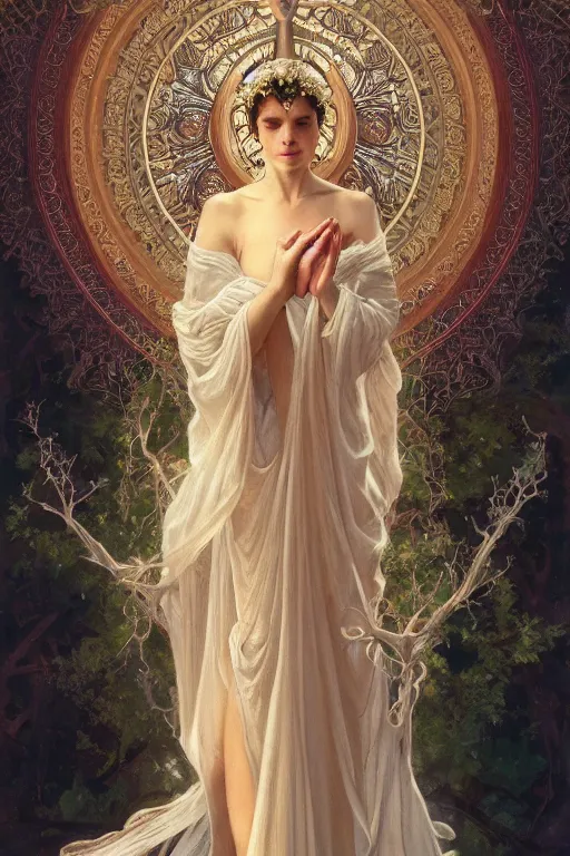 Image similar to a full body portrait of a beautiful ethereal delicate arborial mage queen meditative sacral pose catholic stages of the cross, intricate, elegant, highly detailed, digital painting, artstation, concept art, smooth, sharp focus, illustration, art by krenz cushart and artem demura and alphonse mucha