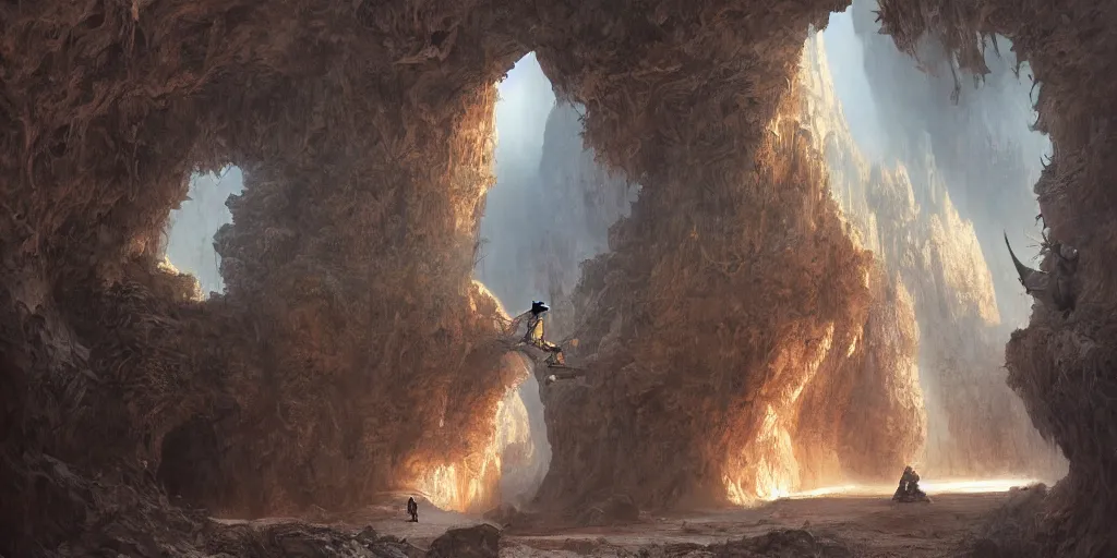 Image similar to lone wanderer in a highly detailed cinematic cave entrance in a scifi landscape by feng zhu, wayne barlowe, perfect geometry, hyper - detailed, sharp, beautiful, desaturated, beautiful lighting, oil on canvas, sunset