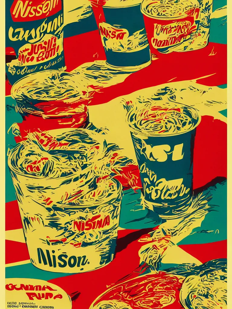 Image similar to vintage italian graphic design poster, nissin cup noodles, stylish, colorful, visual communications