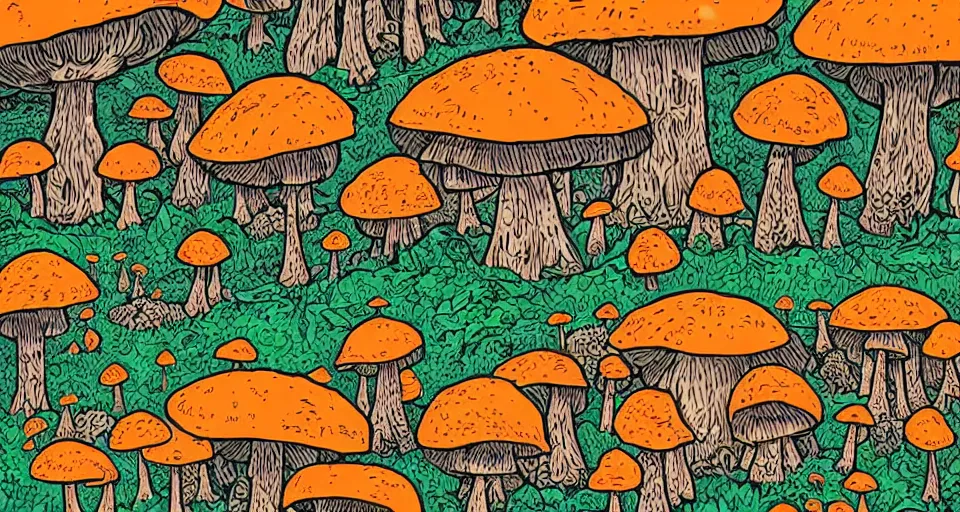 Image similar to A tribal village in a forest of giant mushrooms, by Dan mumford,