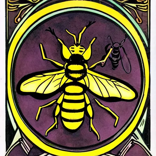 Prompt: a fierce dead bee in the middle of a bloody bullseye at the center of the crosshairs of a gun, art nouveau, fantasy illustration, tarot