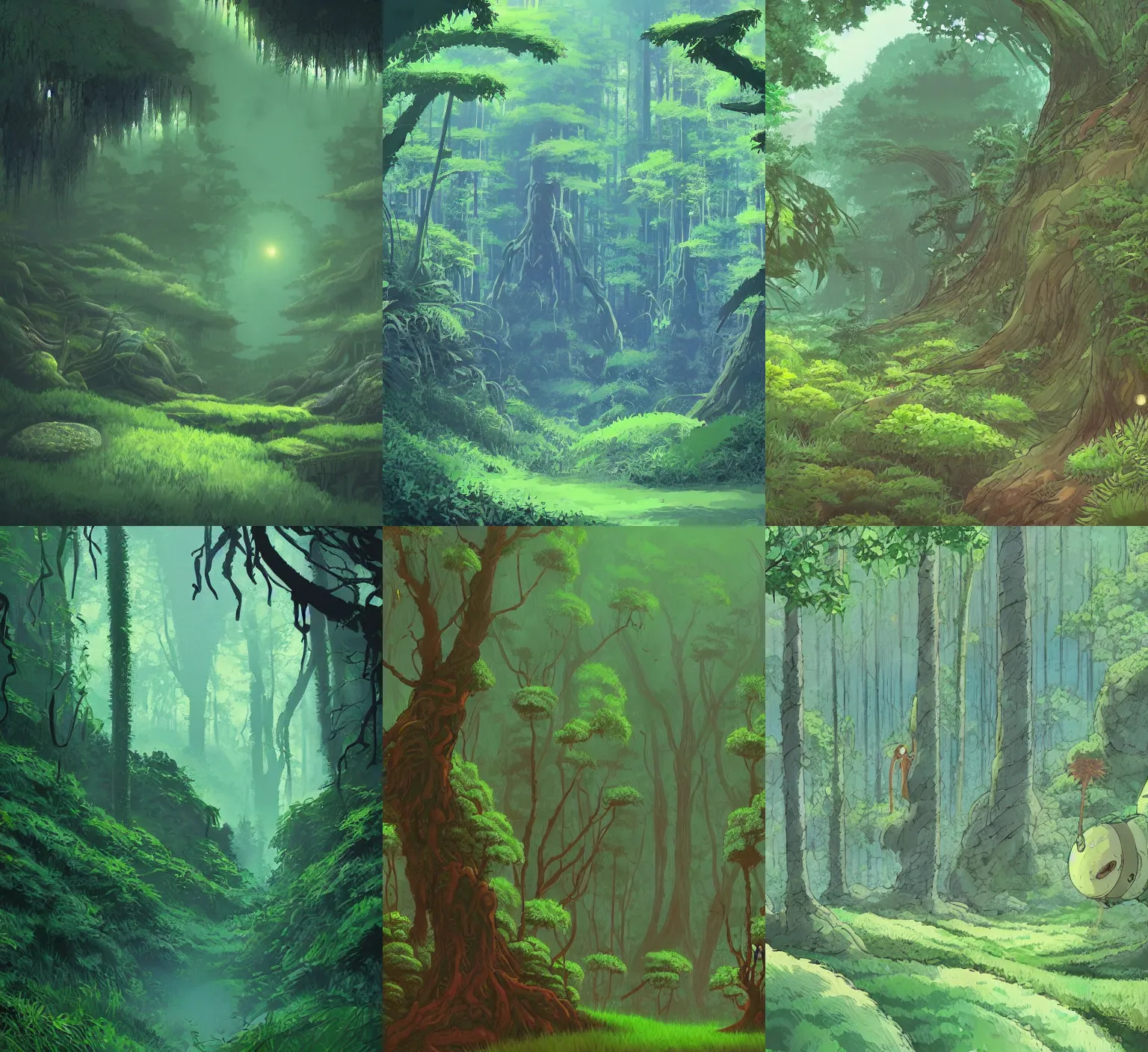 Prompt: a lush forest on an alien planet in the style of Hayao Miyazaki