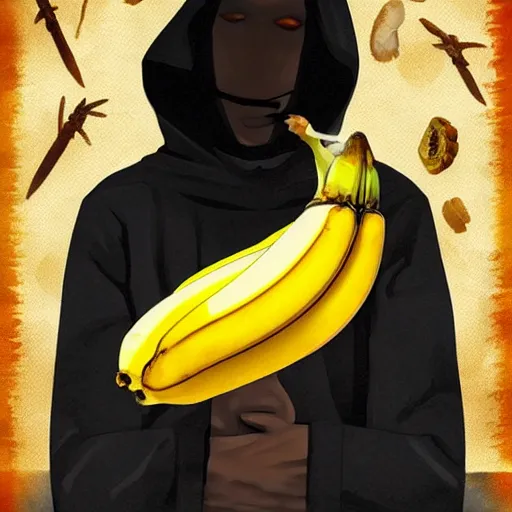 Image similar to a hooded cultist is sacrificing a banana to the elder gods, incredible quality, trending on artstation