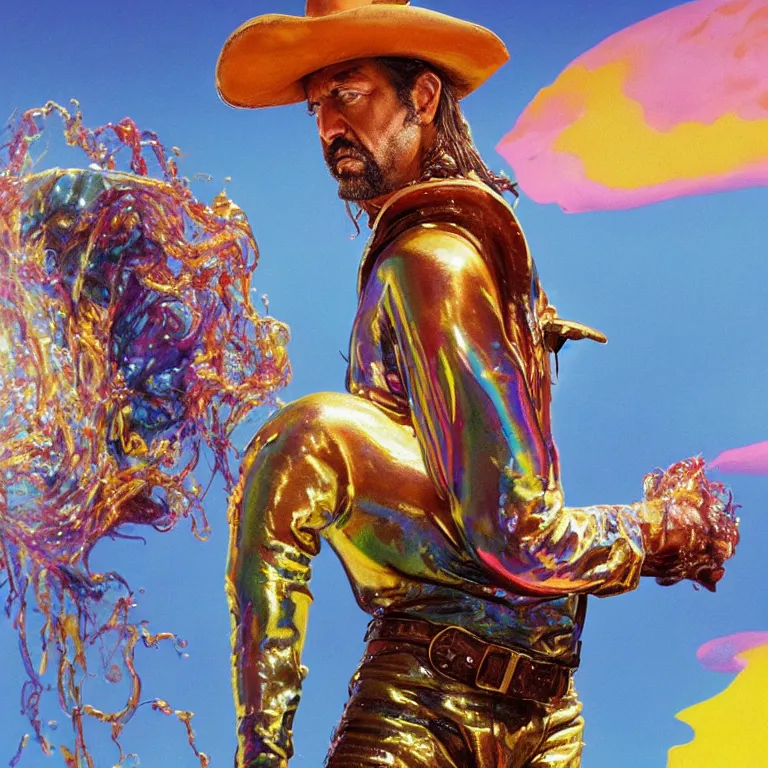 Prompt: 1 9 7 0's spaghetti western film octane render portrait by wayne barlow and carlo crivelli and glenn fabry, a person wearing a shiny colorful iridescent full - body latex suit and cowboy hat covered in colorful slime, standing in a scenic western landscape, cinema 4 d, ray traced lighting, very short depth of field, bokeh