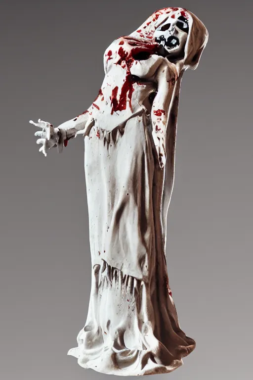 Image similar to full body of La catrina statue sculpted on white marble with blood stains by Bernini and kris kuksi