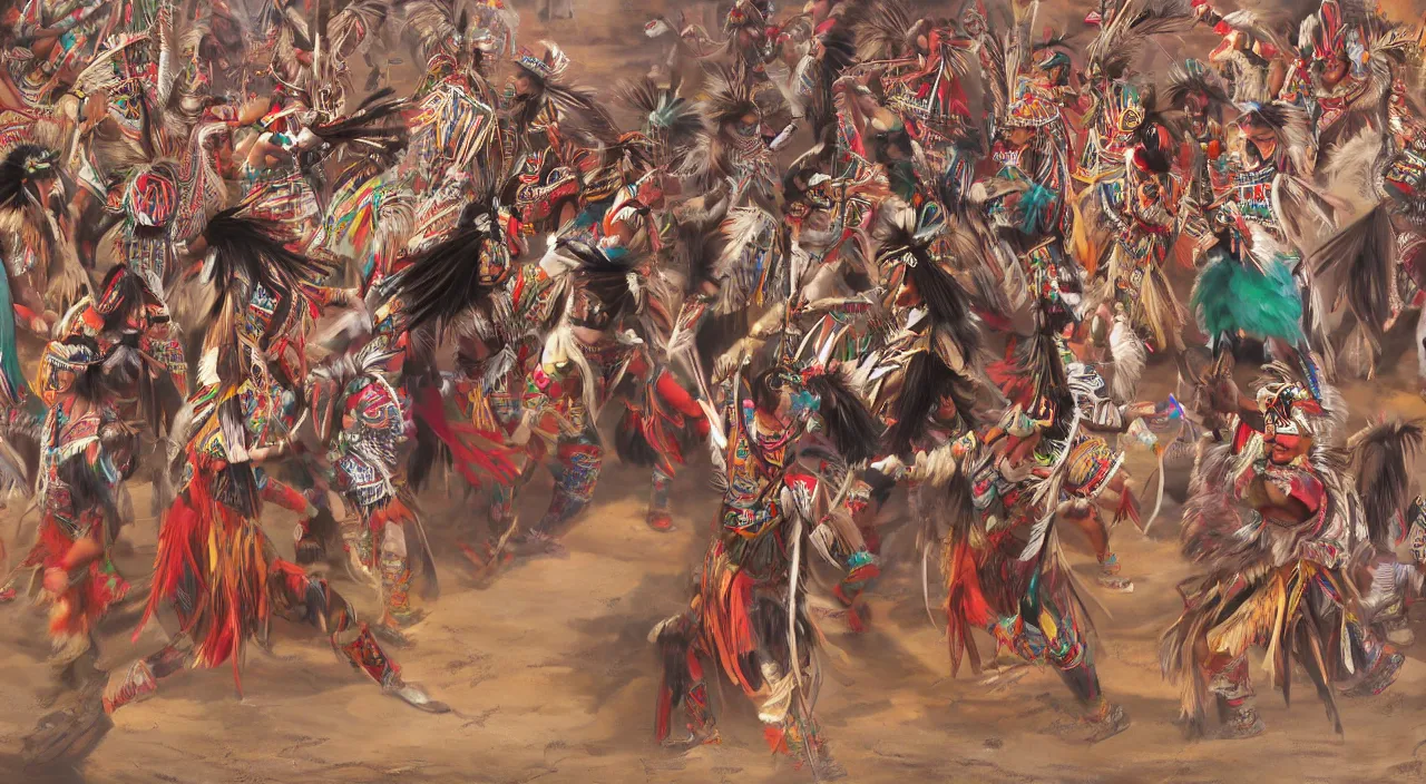 Prompt: danza azteca dancers, dancing, powwow, highly detailed wallpaper, detailed faces, feathers, digital painting, artstation, concept art, smooth, sharp focus ilustration, Artstation HQ