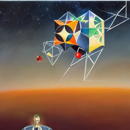 Prompt: a painting by ralph mcquarrie of floating molecules and icosahedron with stars, clouds, and rainbows in the background, trending on artstation, masterpiece, incredible details