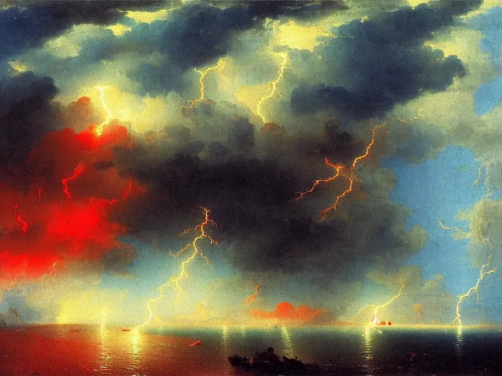 Prompt: lightning strikes a close up of a dark cloud with a cloudy sky blue and red and green colors by aivazovsky