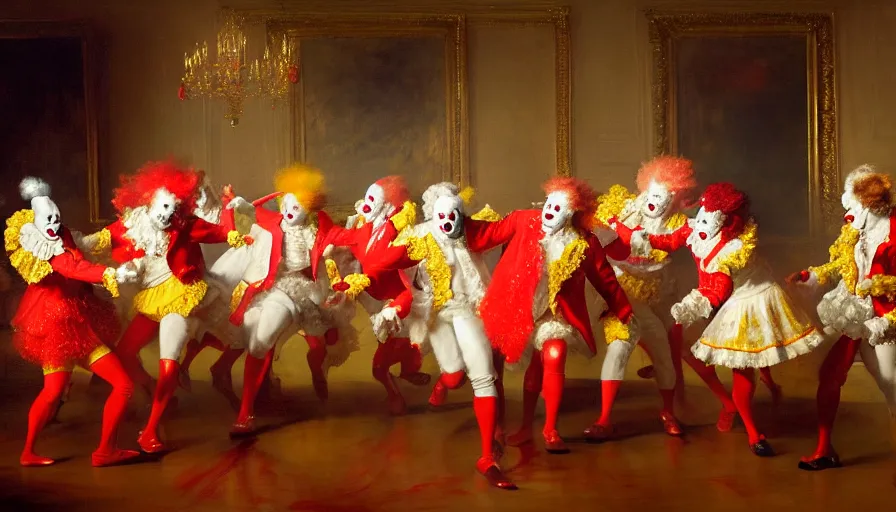 Image similar to highly detailed painting of a group of ronald mcdonald clowns with red afros, white facepaint, red noses and yellow waltzing gracefully at a prestigious event in the ballroom by william turner, by greg rutkowski, by william constable, thick brush strokes and visible paint layers, 4 k resolution