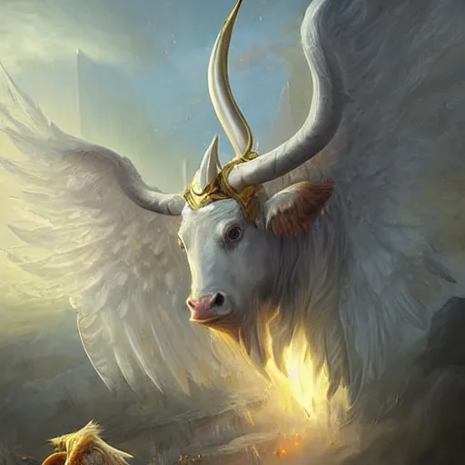 Image similar to a white bull with angelic wings and golden horns, epic fantasy digital art, fantasy style art, by Greg Rutkowski, fantasy hearthstone card art style