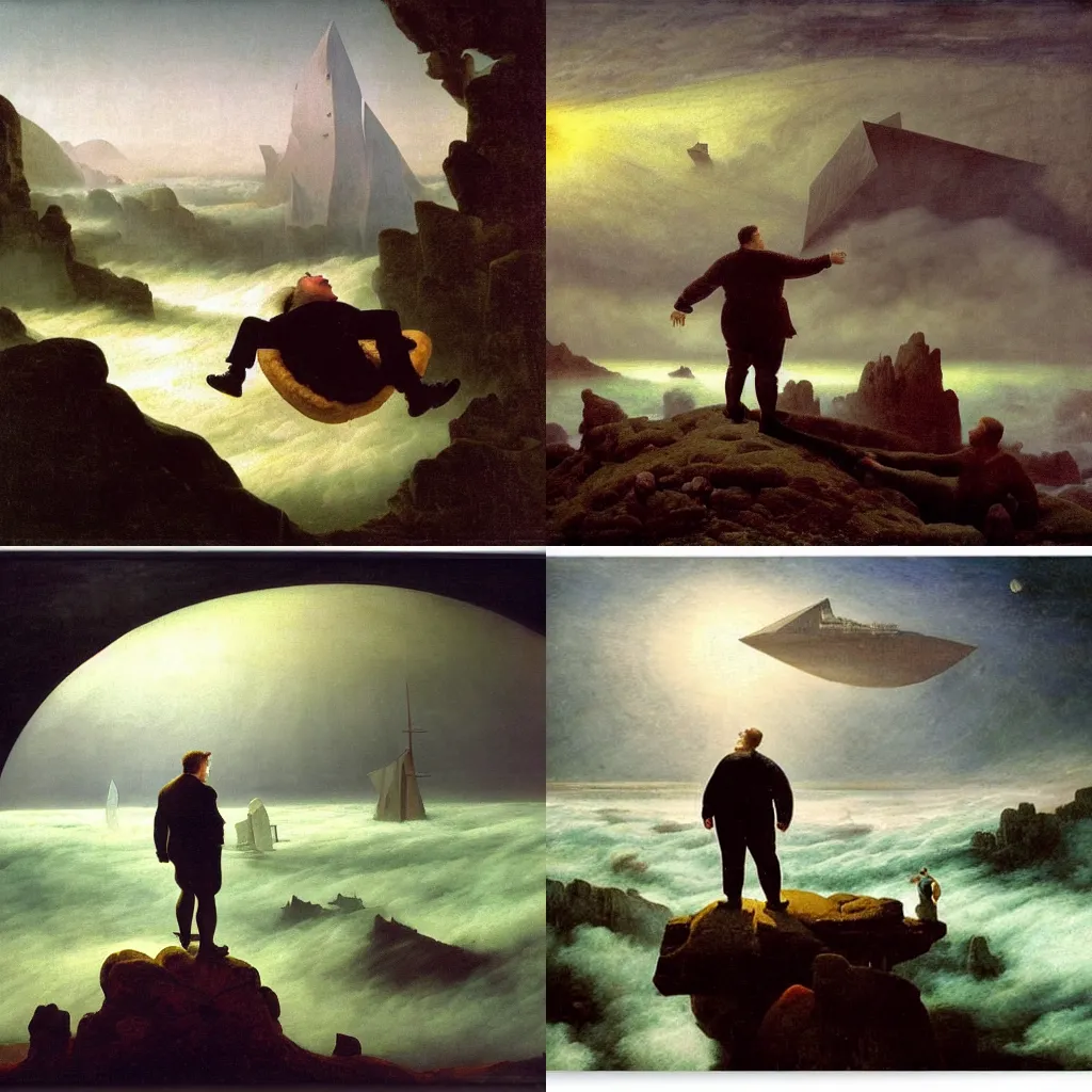 Prompt: Obese man with lots of fat hanging, eating a cheeseburger, wanderer above the sea of fog by caspar david friedrich, dramatic lighting, stardestroyer in the background, epic, galaxy, extreme detail