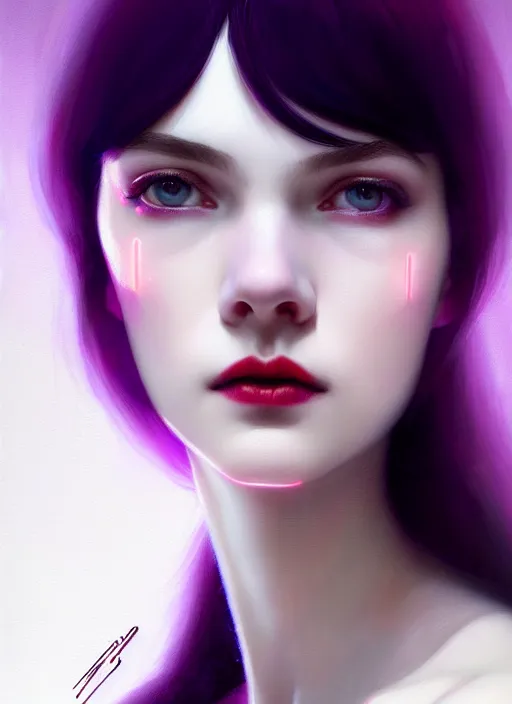 Image similar to portrait of pale teenage girl, red irises, black hair, white bangs, purple lipstick, intricate, elegant, glowing lights, highly detailed, digital painting, artstation, concept art, smooth, sharp focus, illustration, art by wlop, mars ravelo and greg rutkowski