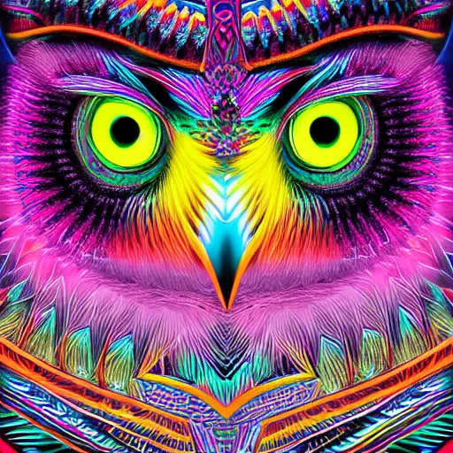 Image similar to neon tribal eurasian owl, pastel neon, photorealistic render 8k intricate, elegant, highly detailed, smooth, sharp focus, detailed face, high contrast, dramatic lighting, graphic novel, art by alex grey