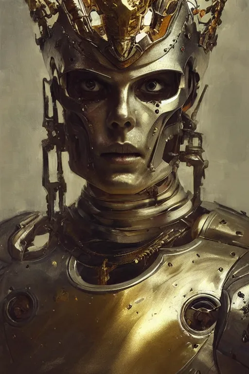 Image similar to beautiful expressive oil painting portrait of ancient cyborg god queen, silver armor, with a scratched gold skull mask ascending wearing a neo japan crown, art by anders zorn, wonderful masterpiece by greg rutkowski, beautiful cinematic light, american romanticism by greg manchess, jessica rossier