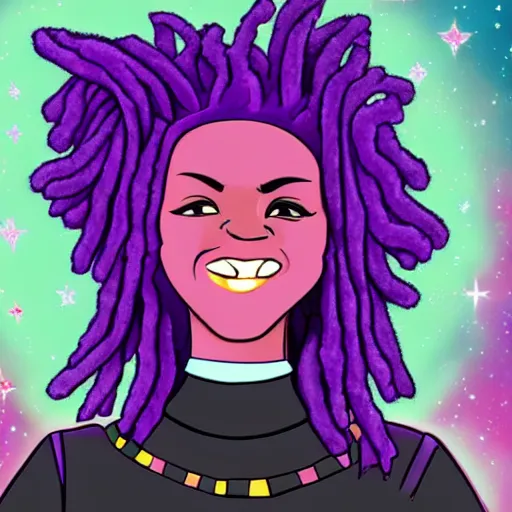 Image similar to black woman with purple dreads in space in the style of steven universe