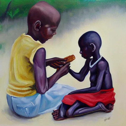 Prompt: oil painting of a malnourished ugandan boy sharing bread with a blond well fed child american, by julia pott